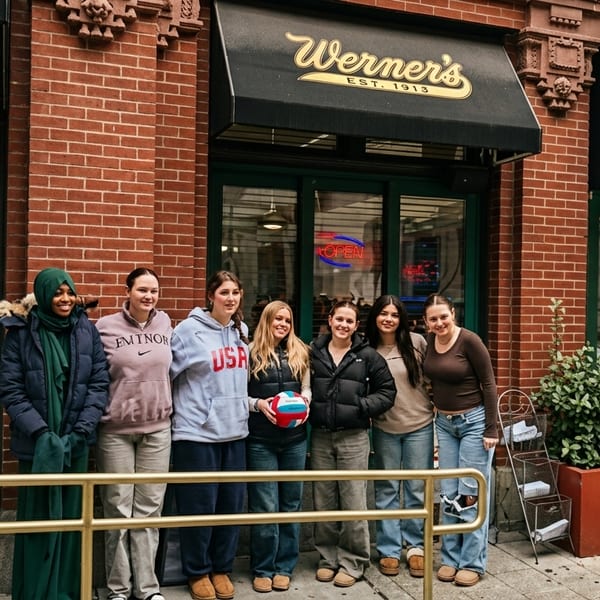Six young women pose in front of Werner's Diner, a brick building with a black awning.