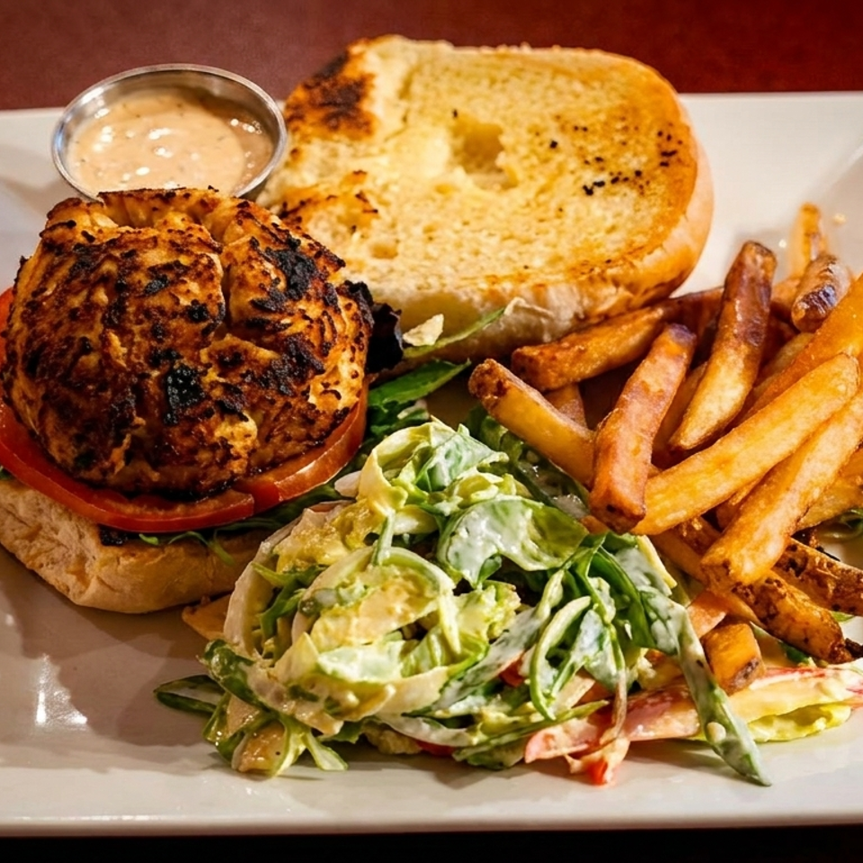 A grilled chicken sandwich with tomato, arugula, fries, coleslaw, and dipping sauce on a white plate.
