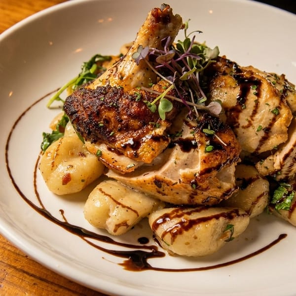 Grilled chicken and gnocchi drizzled with balsamic glaze, garnished with microgreens, on a white plate.