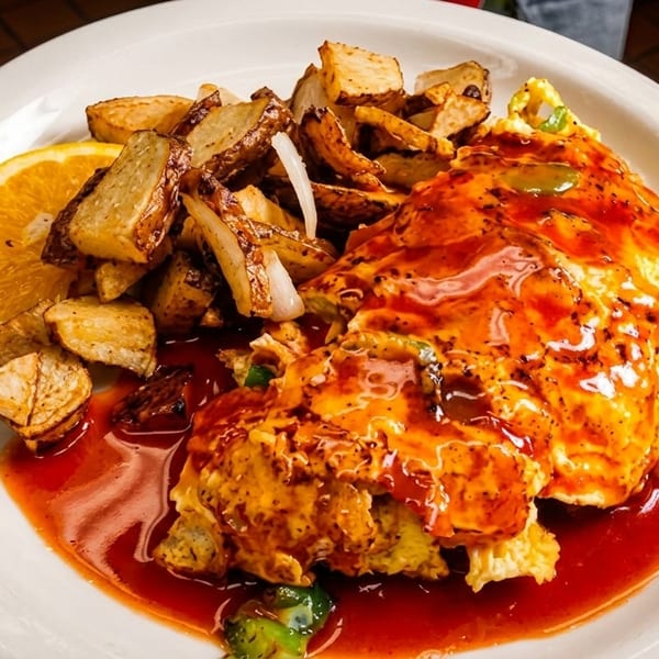A breakfast plate with a chili-covered omelet, home fries, and an orange slice.
