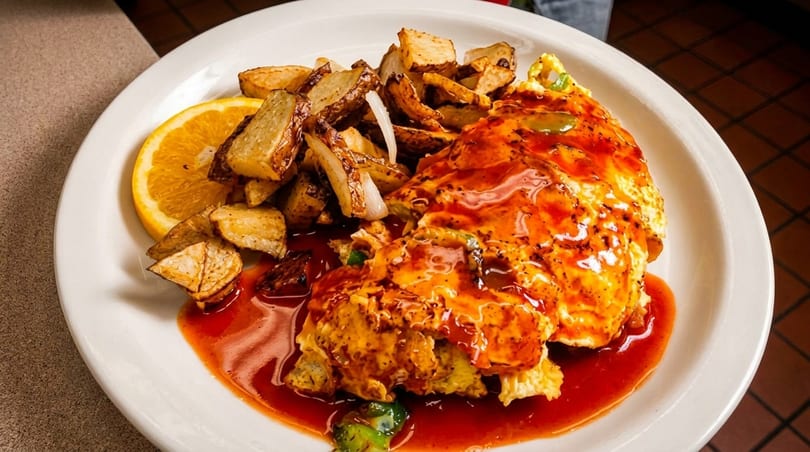 A breakfast plate with a chili-covered omelet, home fries, and an orange slice.