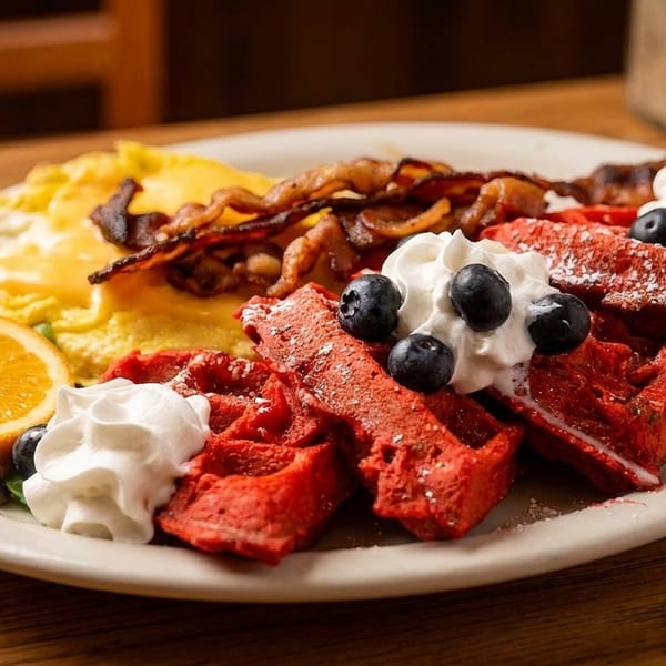Breakfast plate with red velvet waffles, scrambled eggs, bacon, whipped cream, blueberries, and orange.