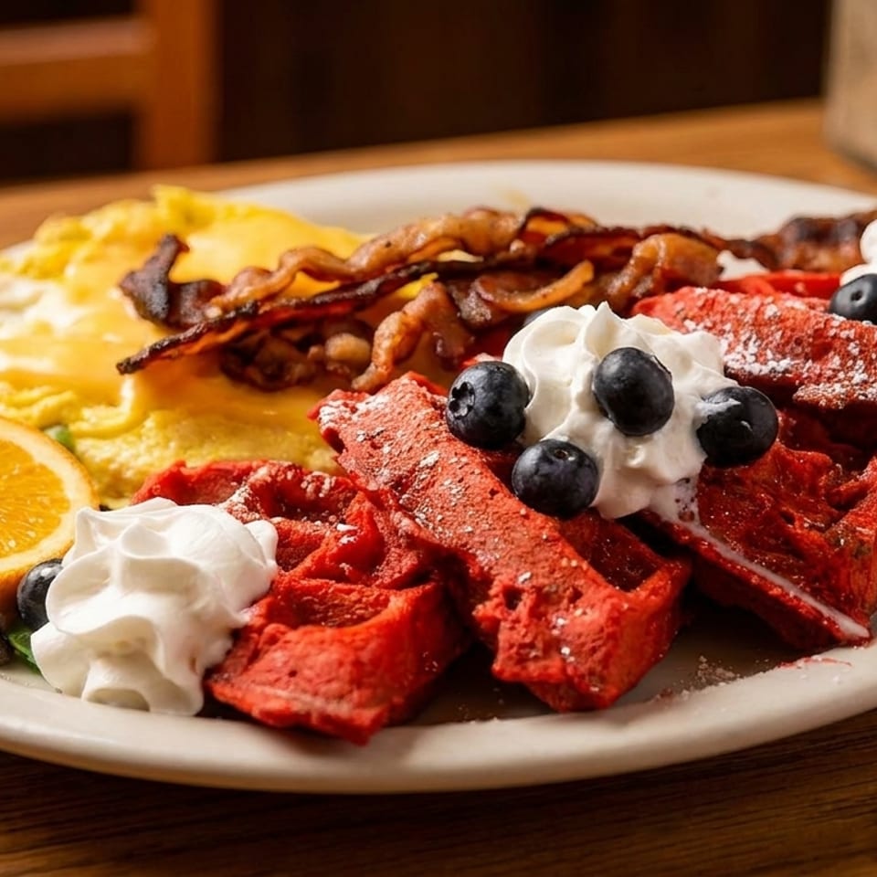 A breakfast plate with red velvet waffles, scrambled eggs, bacon, whipped cream, blueberries, and orange.