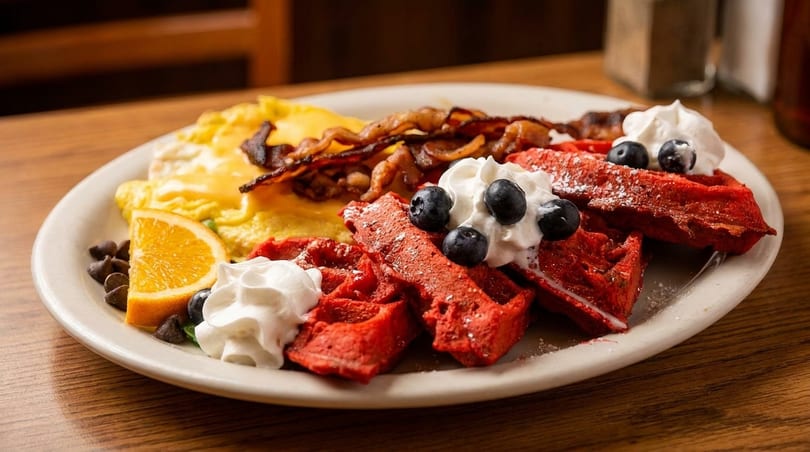 A breakfast plate with red velvet waffles, scrambled eggs, bacon, whipped cream, blueberries, and orange.