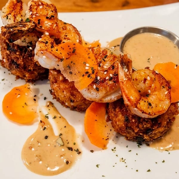 Grilled shrimp skewers with sesame seeds, fried rice cakes, and a creamy sauce on a white plate.