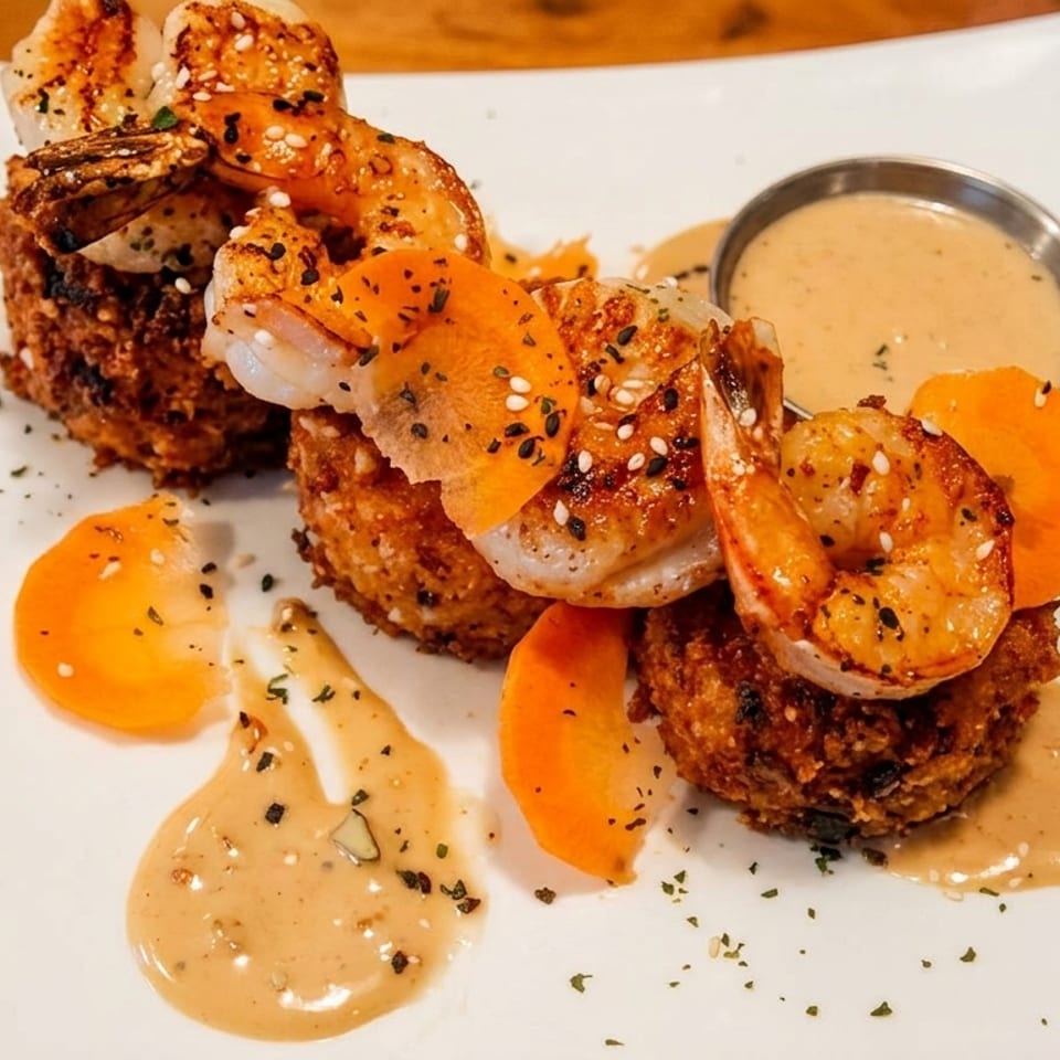 Grilled shrimp skewers with sesame seeds, fried rice cakes, and a creamy sauce on a white plate.