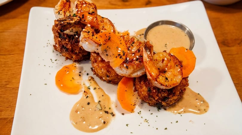 Grilled shrimp skewers with sesame seeds, fried rice cakes, and a creamy sauce on a white plate.