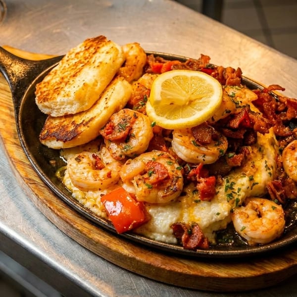 Shrimp and grits with bacon, red peppers, and garlic bread in a cast iron skillet.