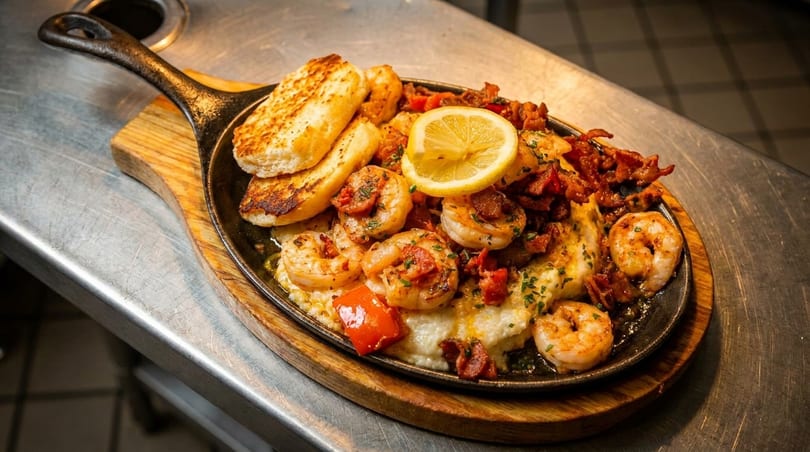 Shrimp and grits with bacon, red peppers, and garlic bread in a cast iron skillet.