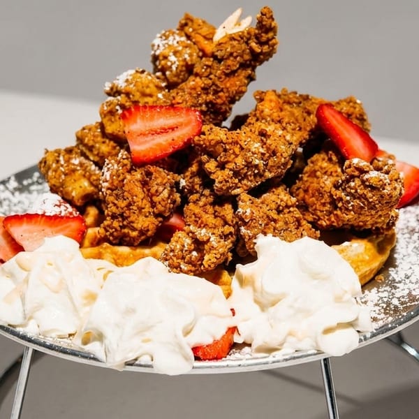 Crispy fried chicken and waffles topped with strawberries, whipped cream, and powdered sugar.