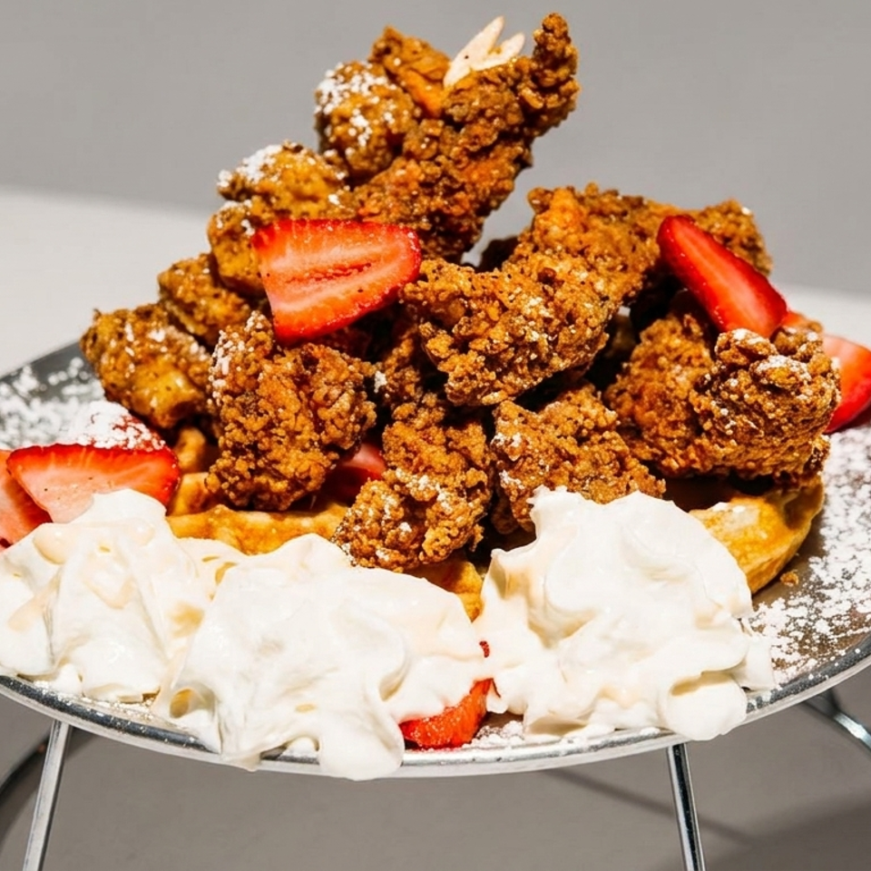 Crispy fried chicken and waffles topped with strawberries, whipped cream, and powdered sugar.