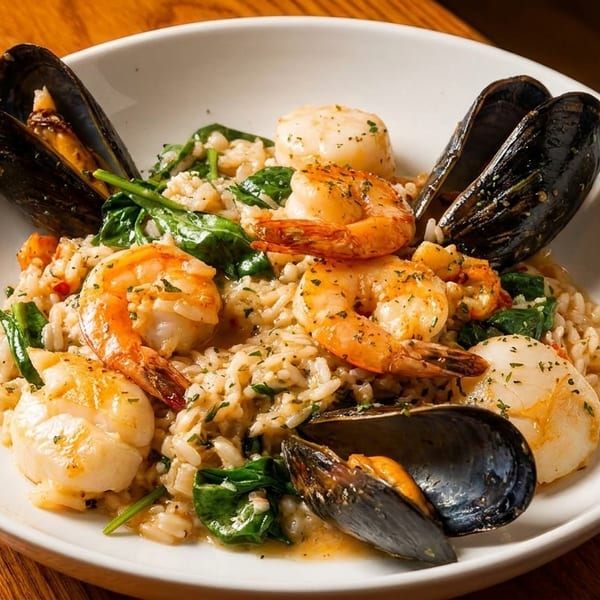 Seafood risotto with shrimp, scallops, mussels, and spinach in a white bowl on a wooden table.