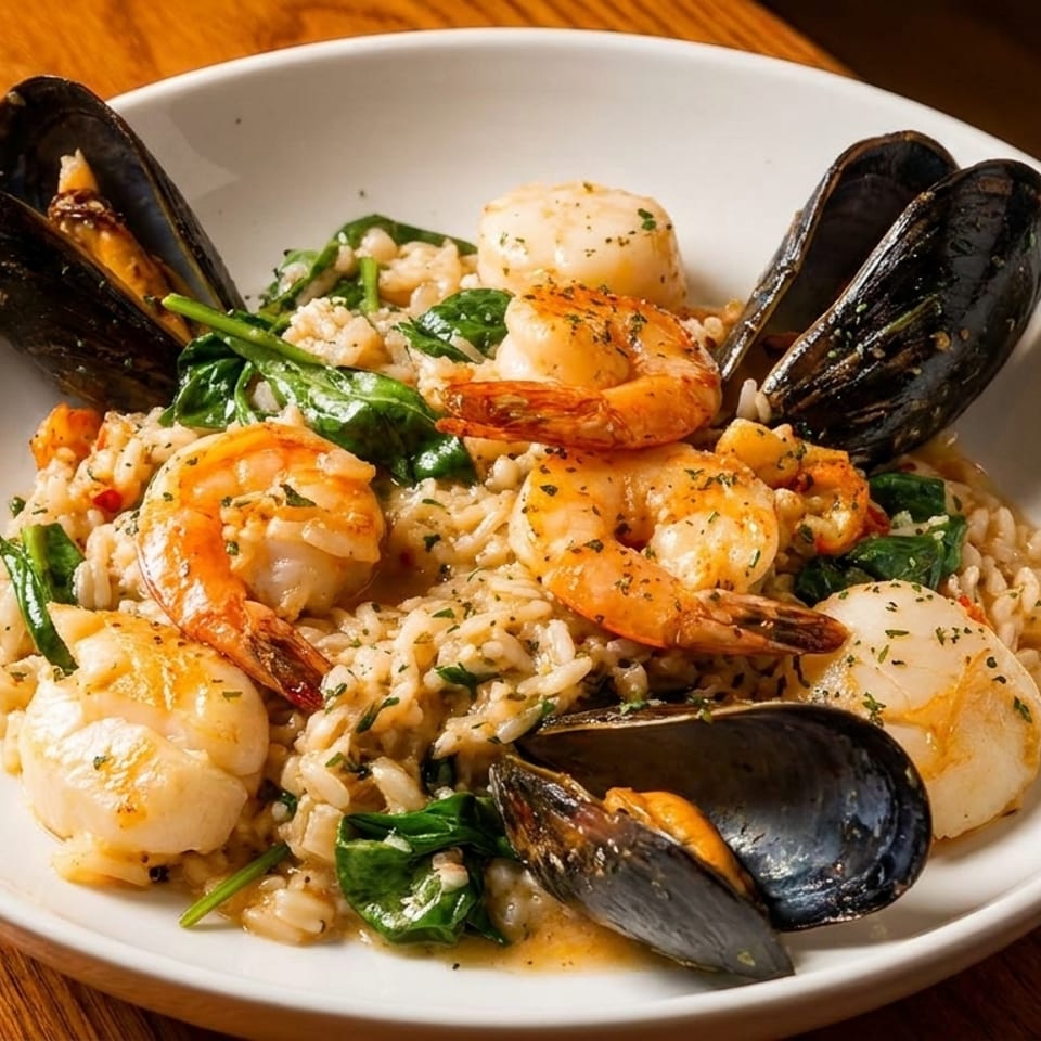 Seafood risotto with shrimp, scallops, mussels, and spinach in a white bowl on a wooden table.